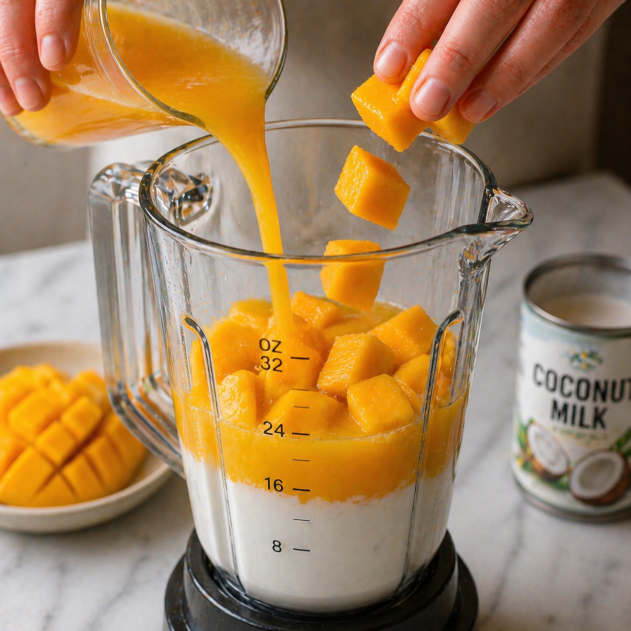 Orange juice being poured from a small jug into a clear blender jar that already has coconut milk at the bottom — a hand dropping frozen mango chunks in at the same time, coconut milk can visible on the right