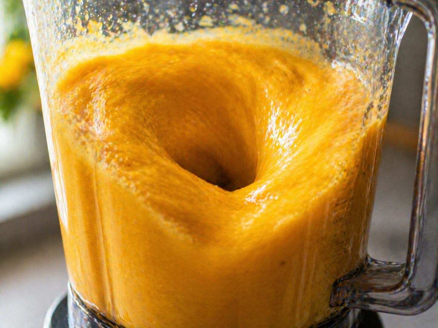 Close-up view inside a running blender — vivid orange mango smoothie spinning in a perfect vortex, silky and completely smooth with no chunks, blender walls coated in orange