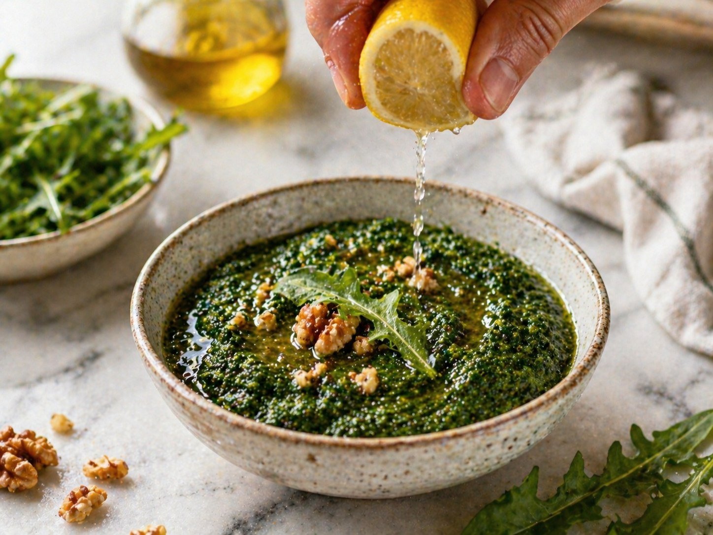 Finished dandelion greens pesto seasoned with salt, pepper and lemon — deep green and glossy