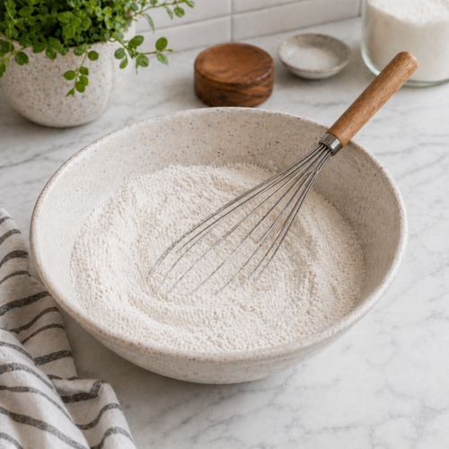 Large ceramic bowl with flour and dry ingredients being whisked together
