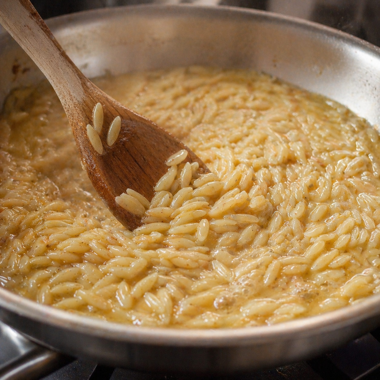Orzo simmering and absorbing broth in the pan — tender and almost ready