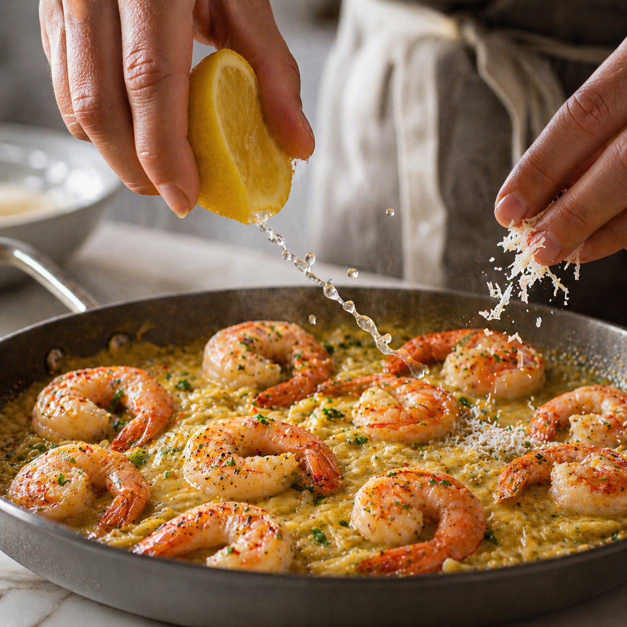 Shrimp nestled back into the lemony Parmesan orzo — glossy, creamy and golden