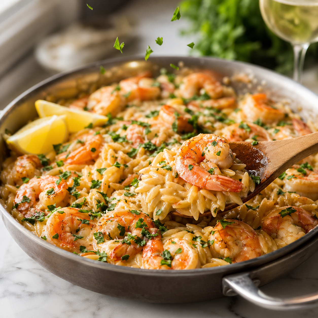 Finished one-pot shrimp and orzo garnished with fresh parsley — served straight from the skillet