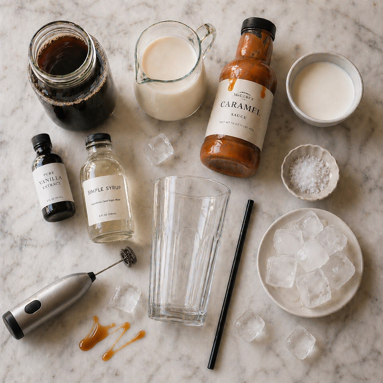All iced coffee ingredients laid out: cold brew, milk, caramel sauce, simple syrup, vanilla, ice, frother and glass