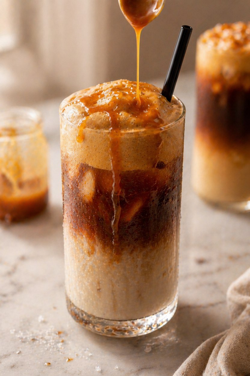 drizzle of caramel, add a straw, and enjoy immediately. This one's best drunk fresh while the foam is still fluffy and the layers