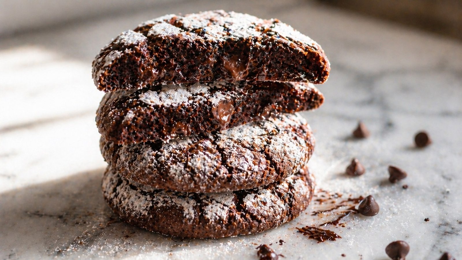 Stack of three fudgy brownie crinkle cookies dusted with powdered sugar on a marble surface — the top cookie broken in half revealing a deeply gooey, fudgy chocolate center with pools of melted chocolate chips