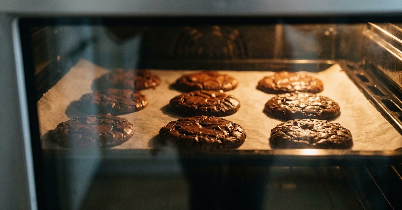 Brownie cookies baking inside a glowing oven on a parchment-lined tray — the crinkle tops just beginning to form, cookies puffed and glossy under the oven light