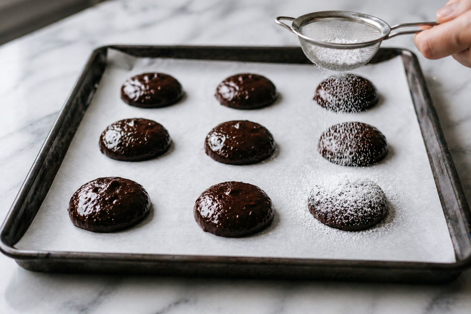Nine scooped brownie cookie dough balls on a parchment-lined baking tray — a hand holding a fine mesh sieve dusting powdered sugar over the tops before baking
