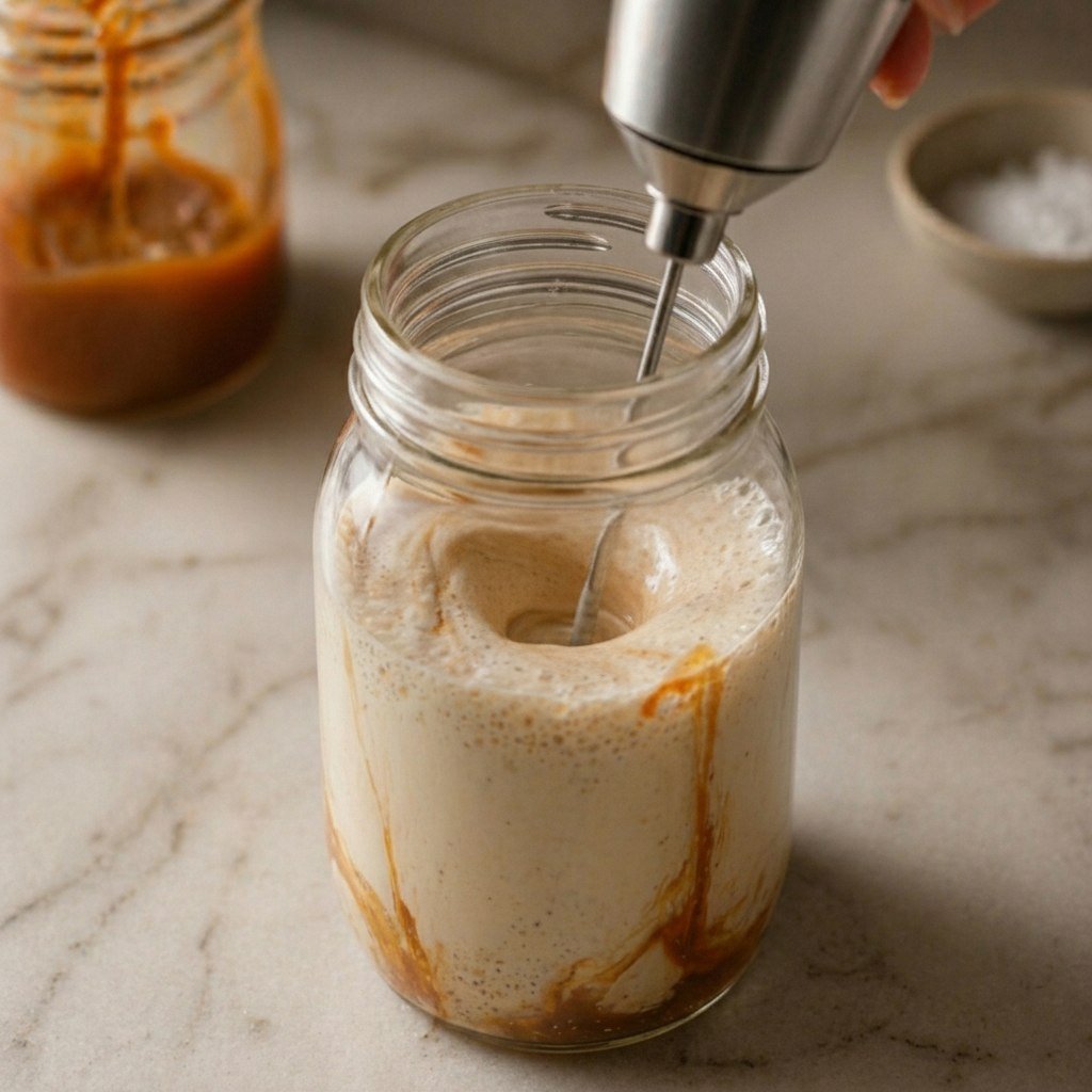 Frothing caramel cream with a handheld electric frother in a mason jar — caramel sauce streaking the sides