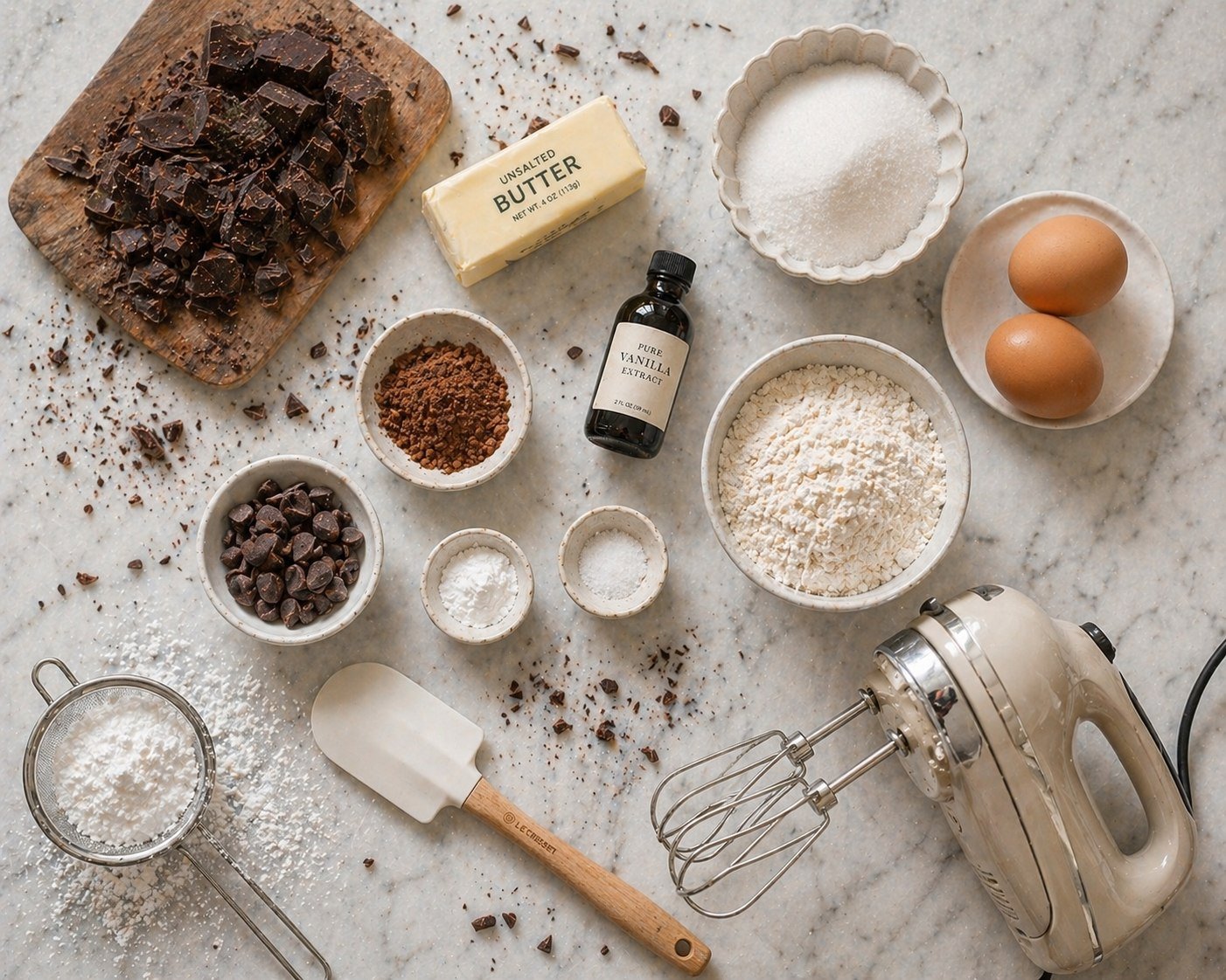 All brownie cookie ingredients laid out on marble — chopped dark chocolate on a wooden board, unsalted butter, granulated sugar, two eggs, vanilla extract, flour, cocoa powder, chocolate chips, baking powder, salt, a hand mixer, fine mesh sieve and spatula