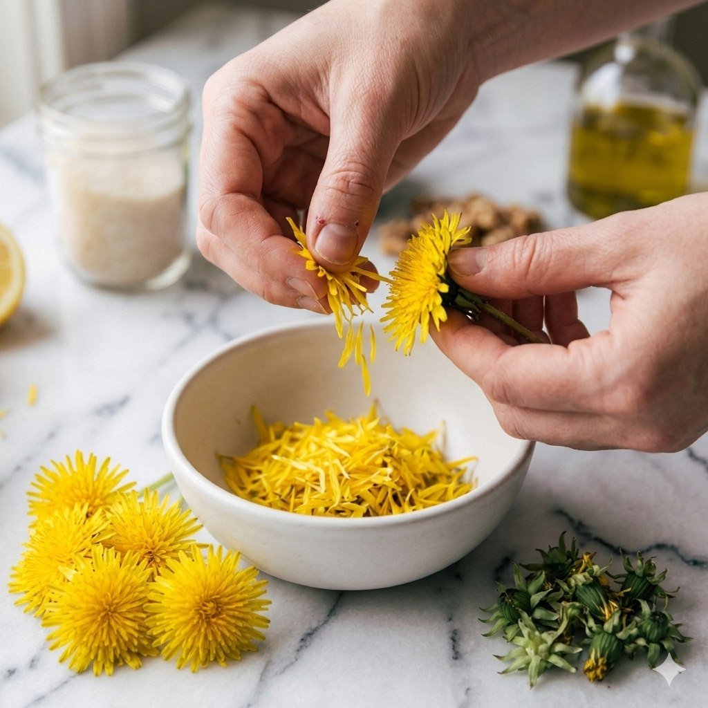 Two hands pulling bright yellow dandelion petals away from the green base over a white ceramic bowl — a pile of discarded green parts sits beside the bowl, sugar jar and lemon visible in the background