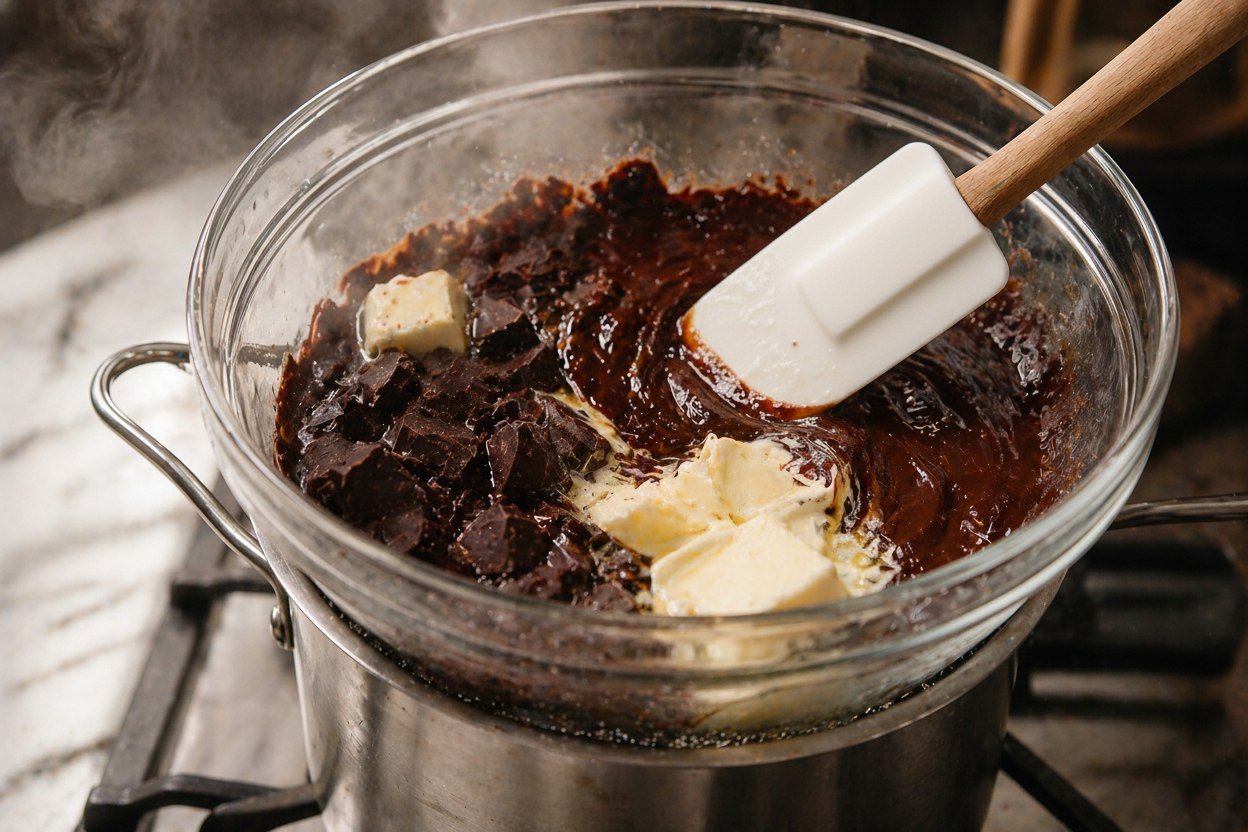 Heatproof glass bowl set over a pot of simmering water on the stove — chopped dark chocolate and cubes of butter melting together, spatula stirring, steam rising around the bowl