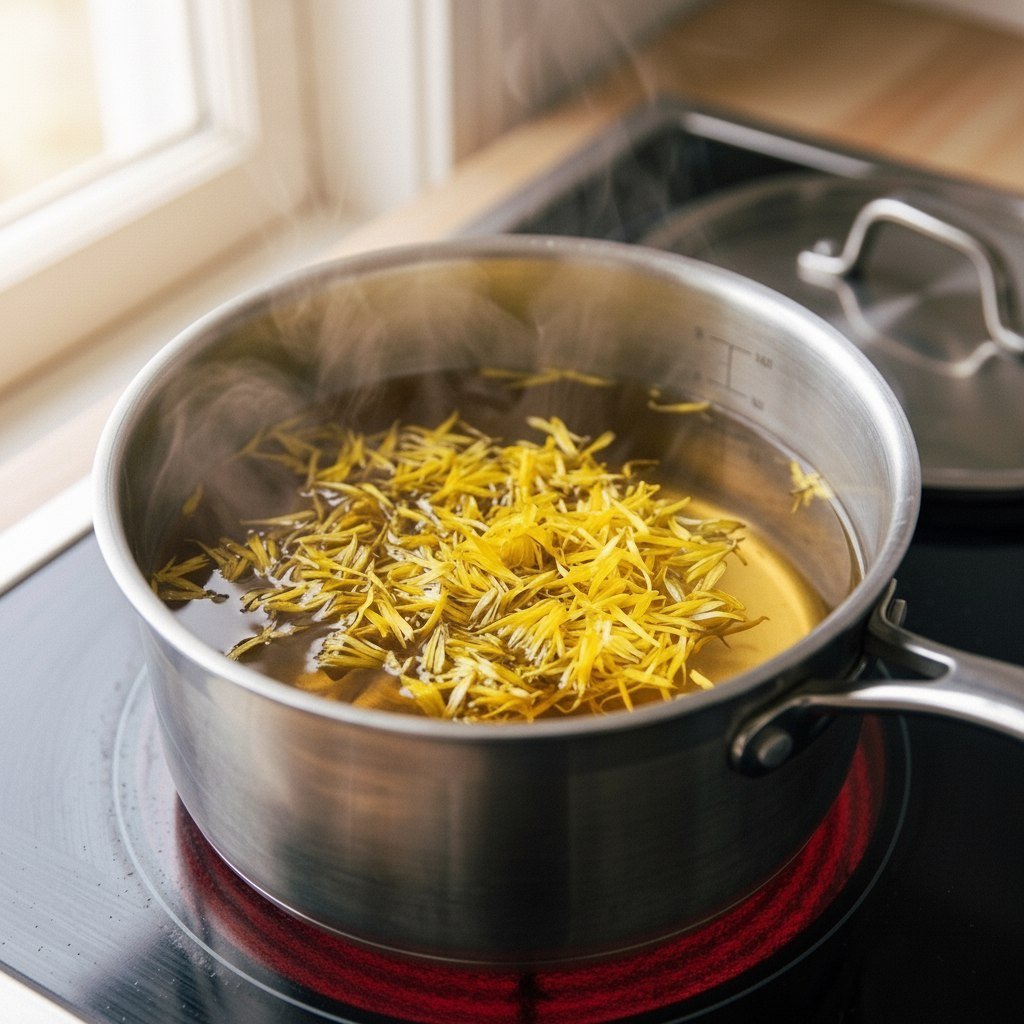 Yellow dandelion petals floating in hot water in a stainless steel saucepan on a red electric burner — steam rising gently as the petals steep and release their golden color into the water