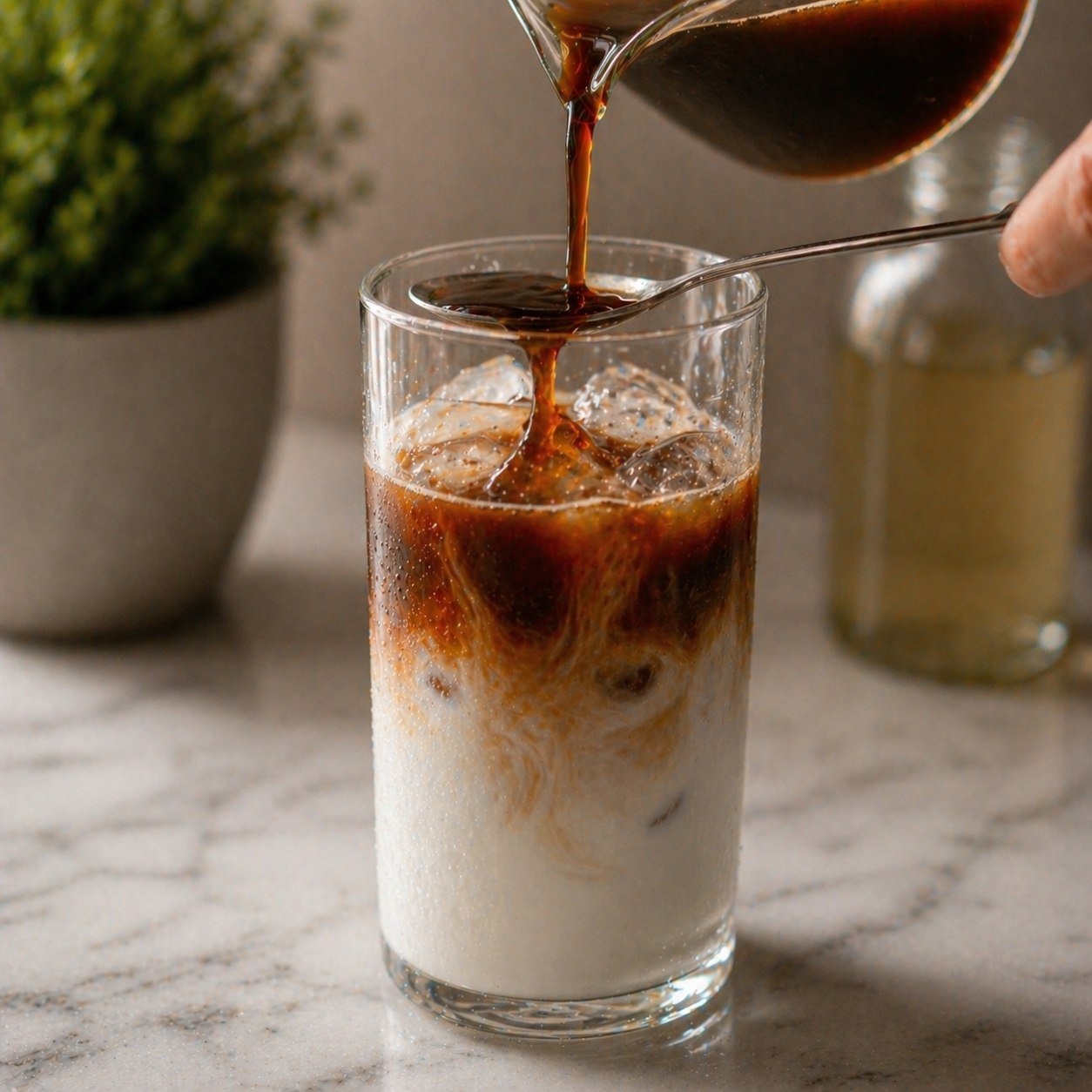 Slowly pouring cold brew over the back of a spoon into the milk and ice — creating a beautiful layered gradient