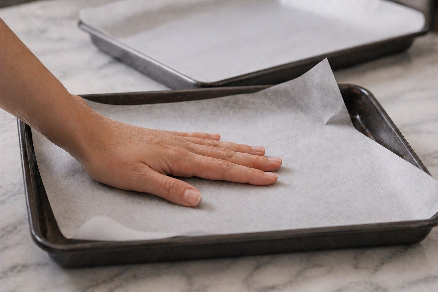 Hand pressing a sheet of parchment paper flat onto a dark metal baking tray on a marble surface — a second lined tray visible in the background