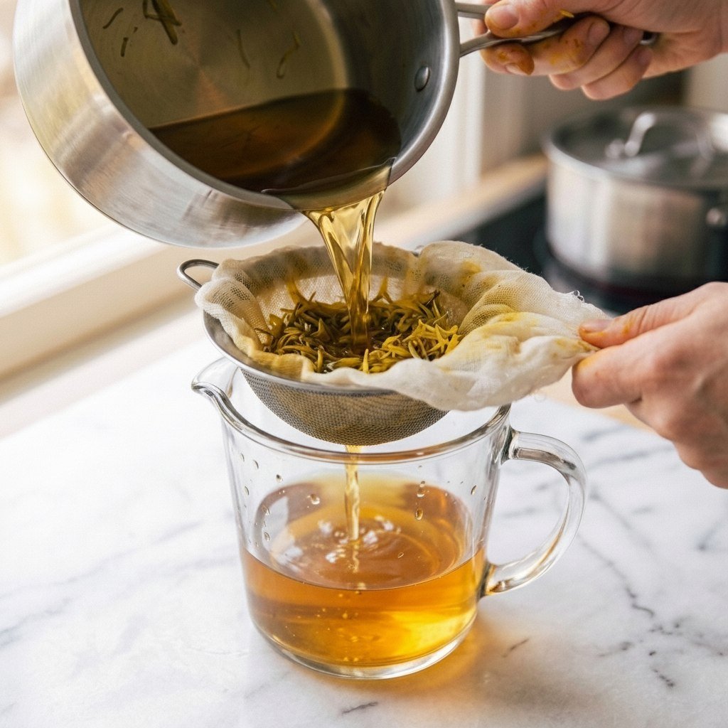 Golden dandelion petal liquid being poured through a cheesecloth-lined strainer over a glass measuring jug — the strained yellow petals visible in the cloth, clear amber liquid dripping through