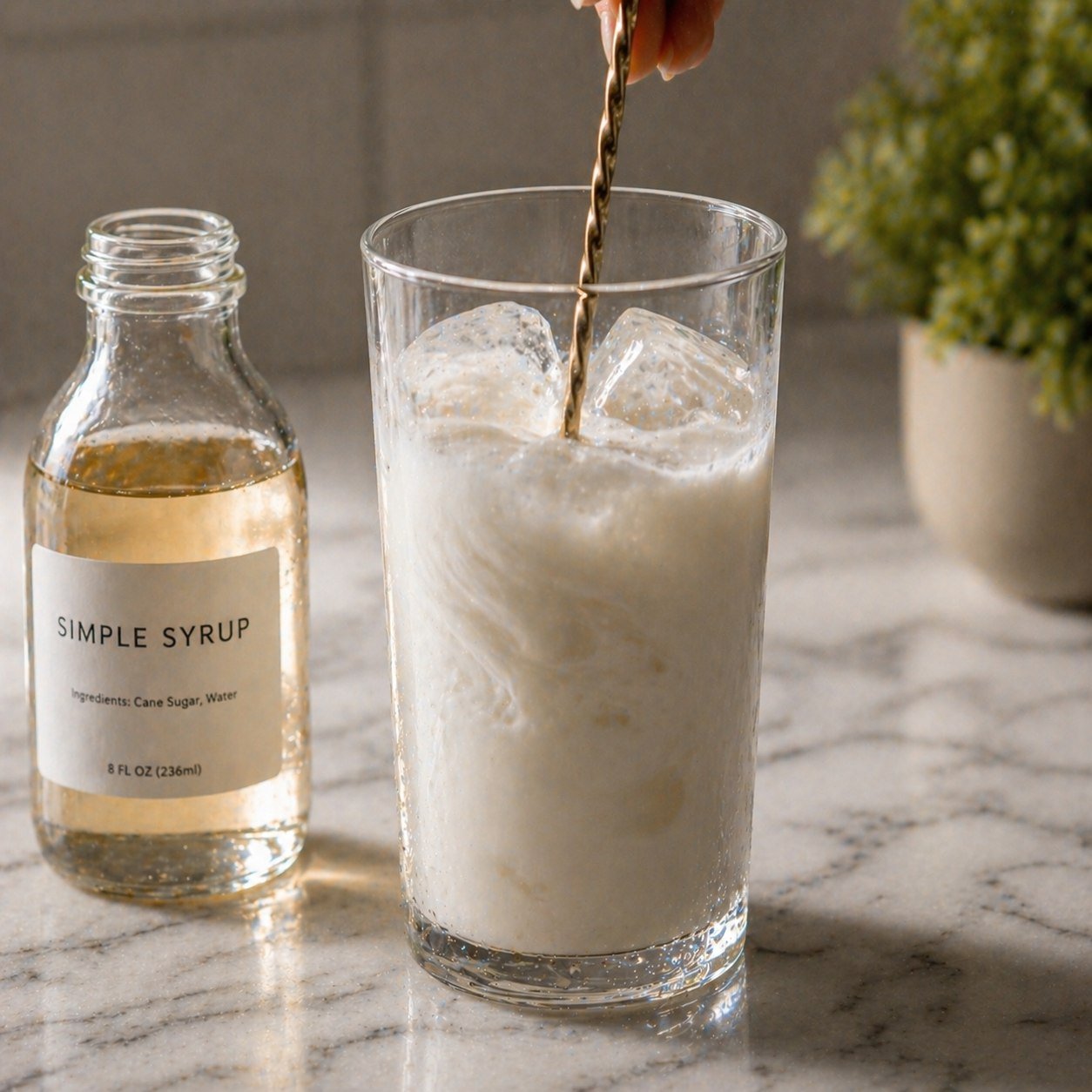 Adding simple syrup into the milk and ice glass with the syrup bottle visible beside it