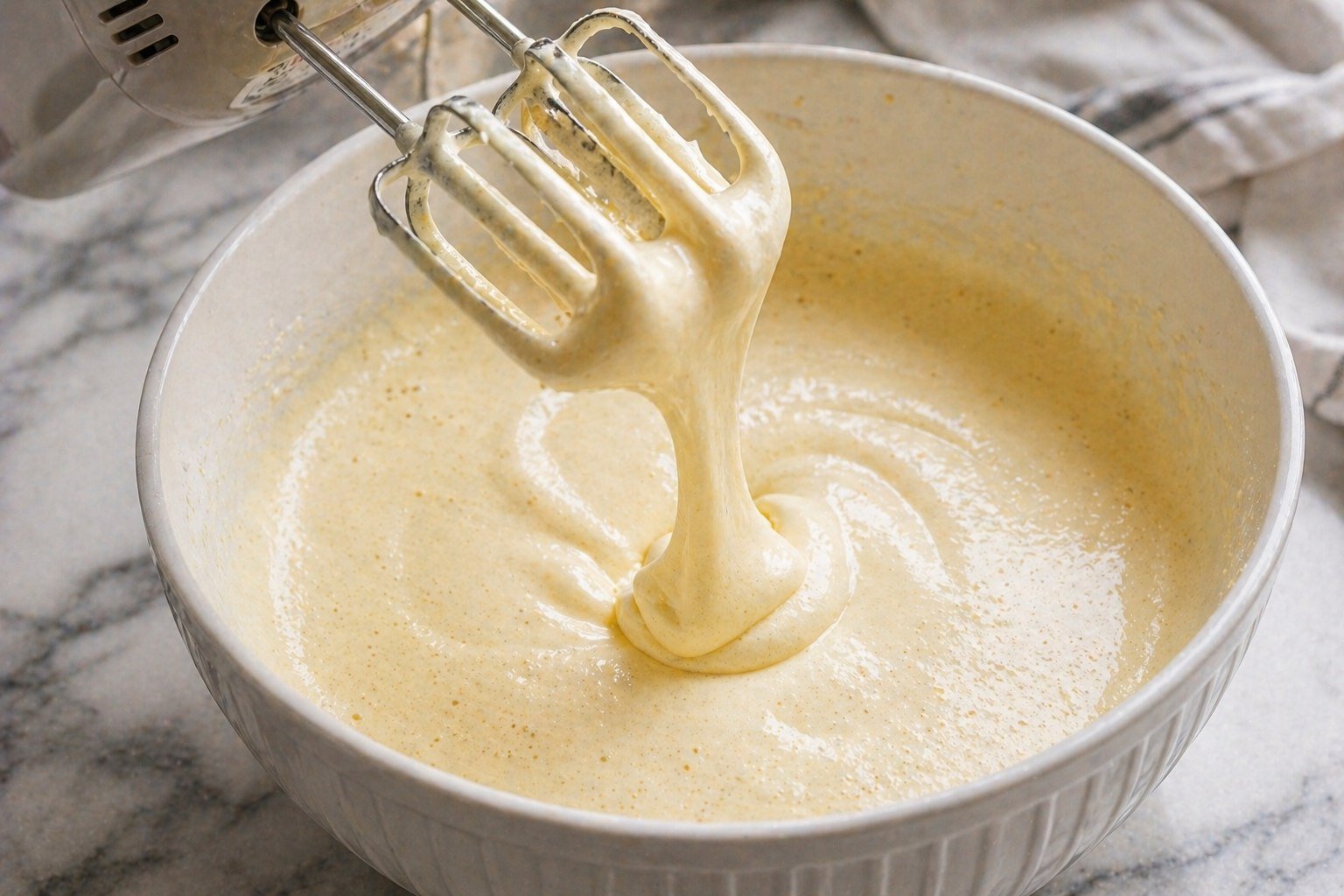 Hand mixer lifted from a large white bowl — pale, thick, ribbony egg and sugar mixture flowing slowly off the beaters in a wide stream, perfectly aerated