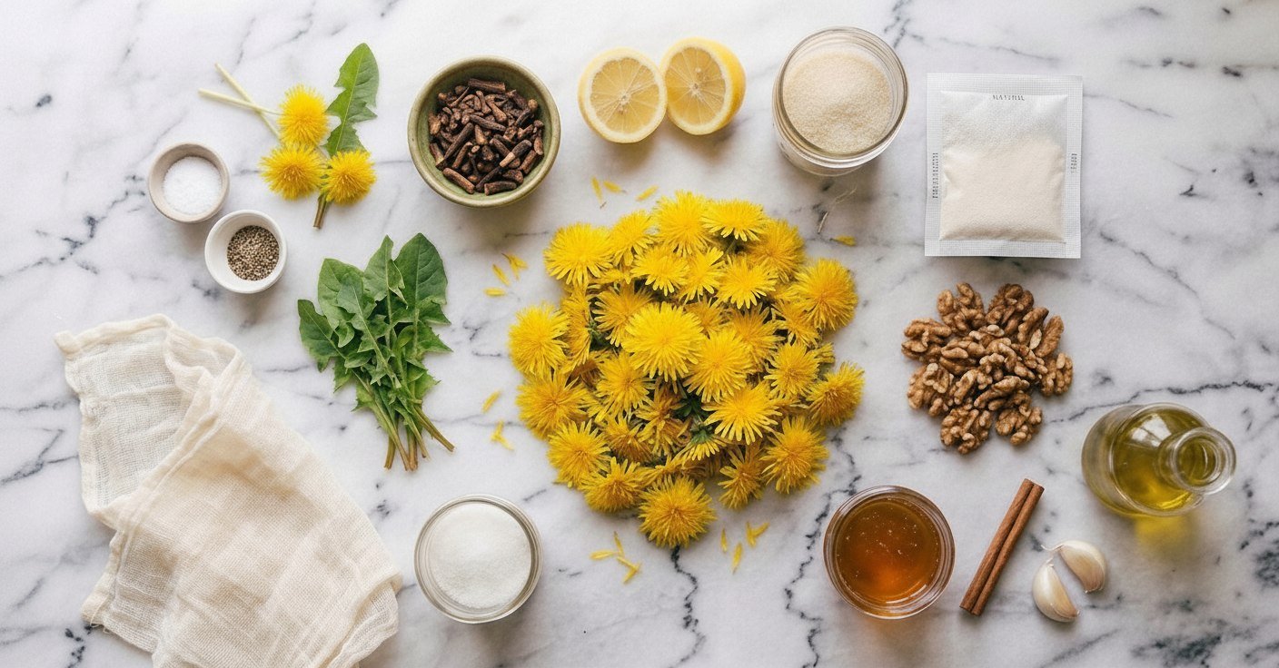 All dandelion recipe ingredients laid out on white marble — a pile of fresh yellow dandelion flowers in the center, dandelion leaves and roots, lemon halves, sugar jars, pectin packet, walnuts, honey, olive oil, garlic, cinnamon, salt, pepper and cheesecloth