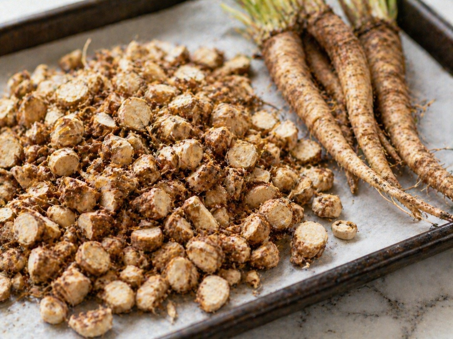 Freshly dug dandelion roots washed, chopped and spread on a baking sheet ready to roast