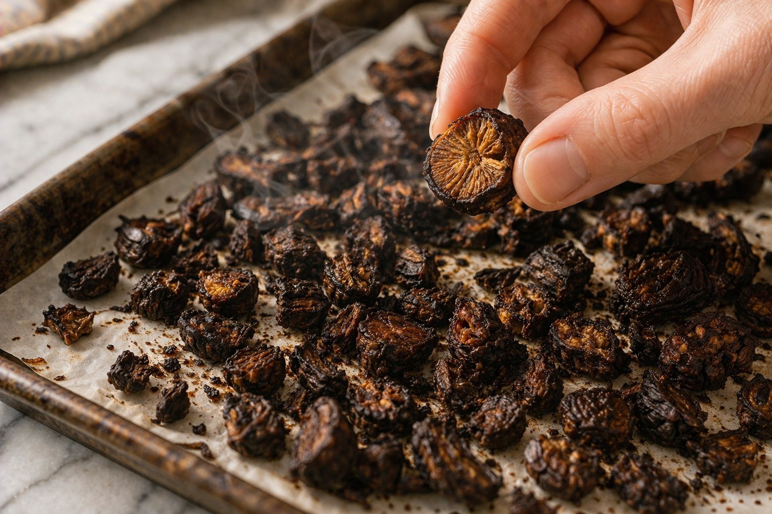 Dandelion roots roasted to a deep dark mahogany brown — nutty and aromatic