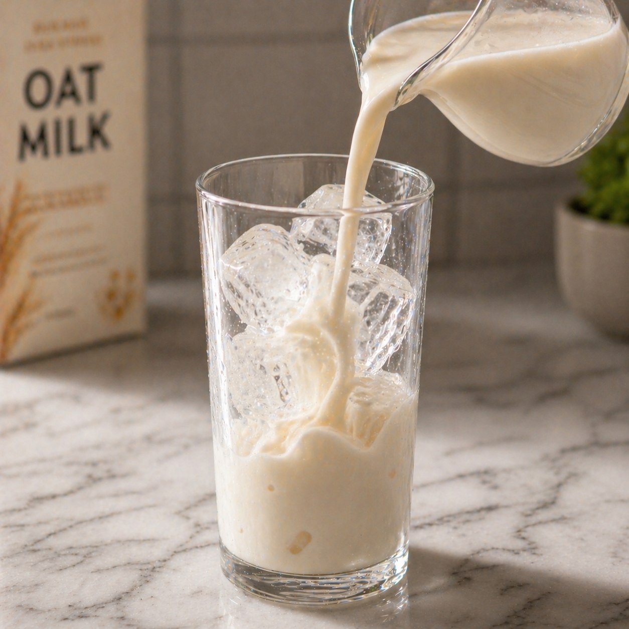 Pouring oat milk over ice in a tall glass — the base layer for the gradient