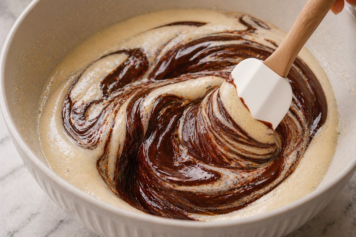 Spatula mid-fold in a white ceramic bowl — dark melted chocolate swirling into the pale whipped egg and sugar mixture, creating a beautiful marbled pattern