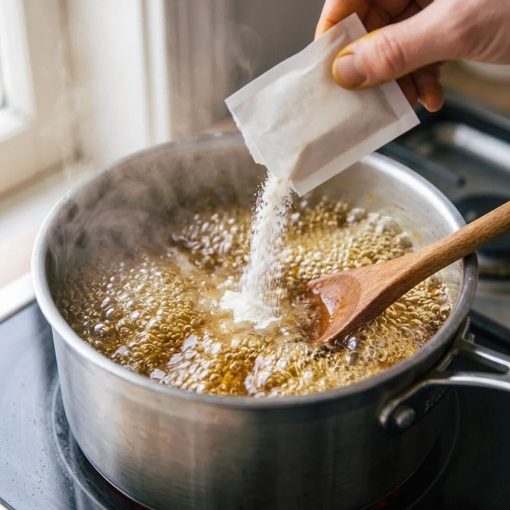 A pectin packet being poured into a pot of vigorously boiling golden dandelion liquid — a wooden spoon stirring as white pectin powder dissolves into the bubbling amber liquid