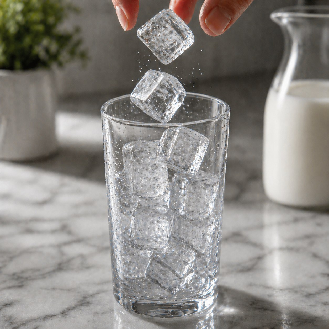 Hand dropping ice cubes into a tall clear glass on a marble surface