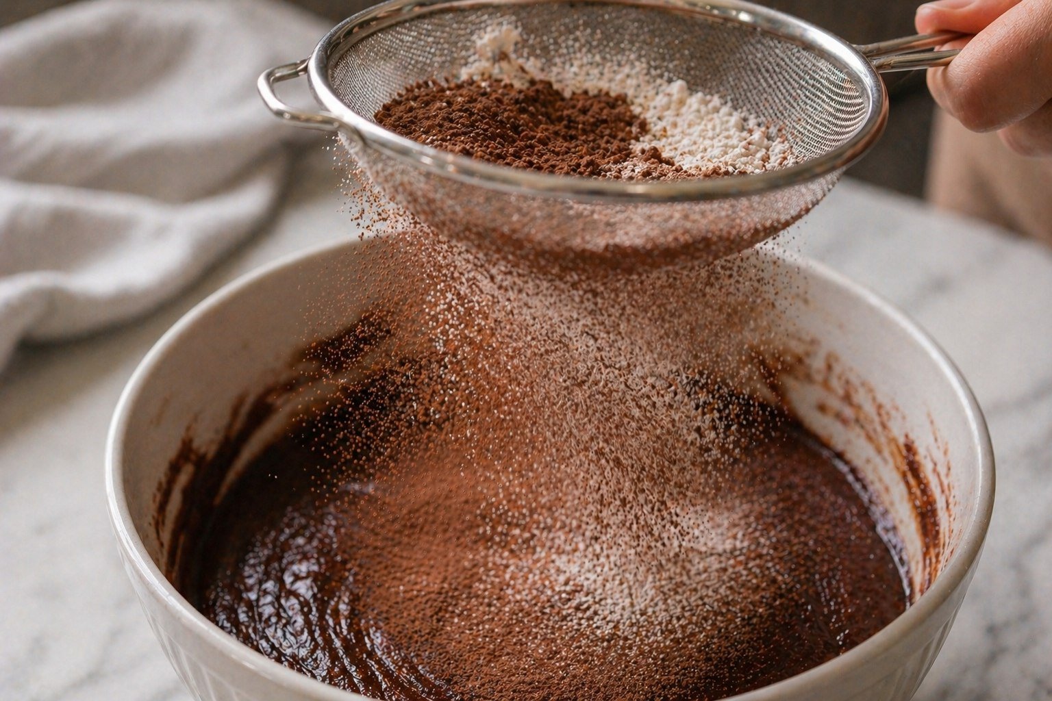Fine mesh sieve held over a bowl of glossy dark chocolate batter — a cloud of flour and cocoa powder cascading through the sieve down into the batter below