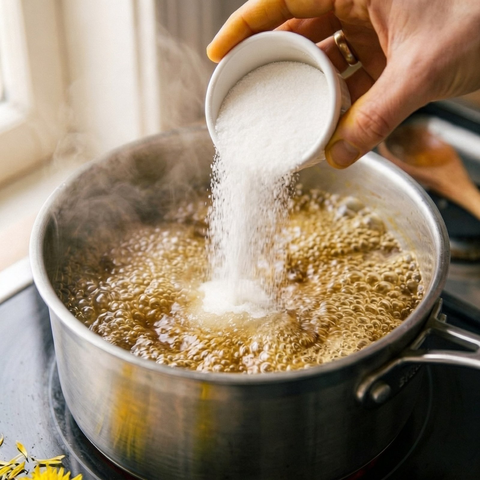 Granulated sugar cascading from a white ceramic cup into a pot of aggressively boiling golden dandelion jelly — steam billowing up, dandelion petals scattered on the stovetop beside the pot
