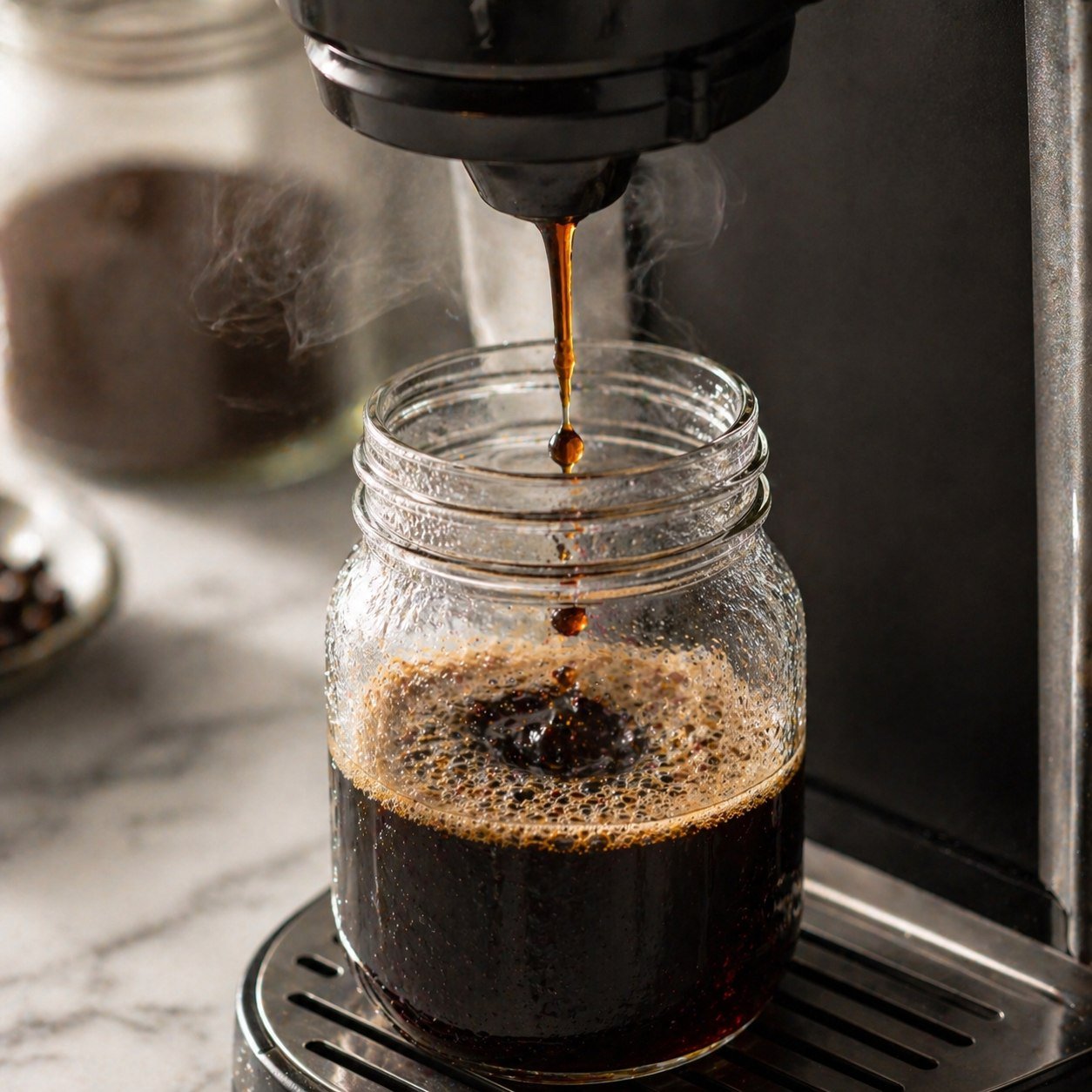 Espresso machine brewing strong coffee into a glass mason jar with steam rising