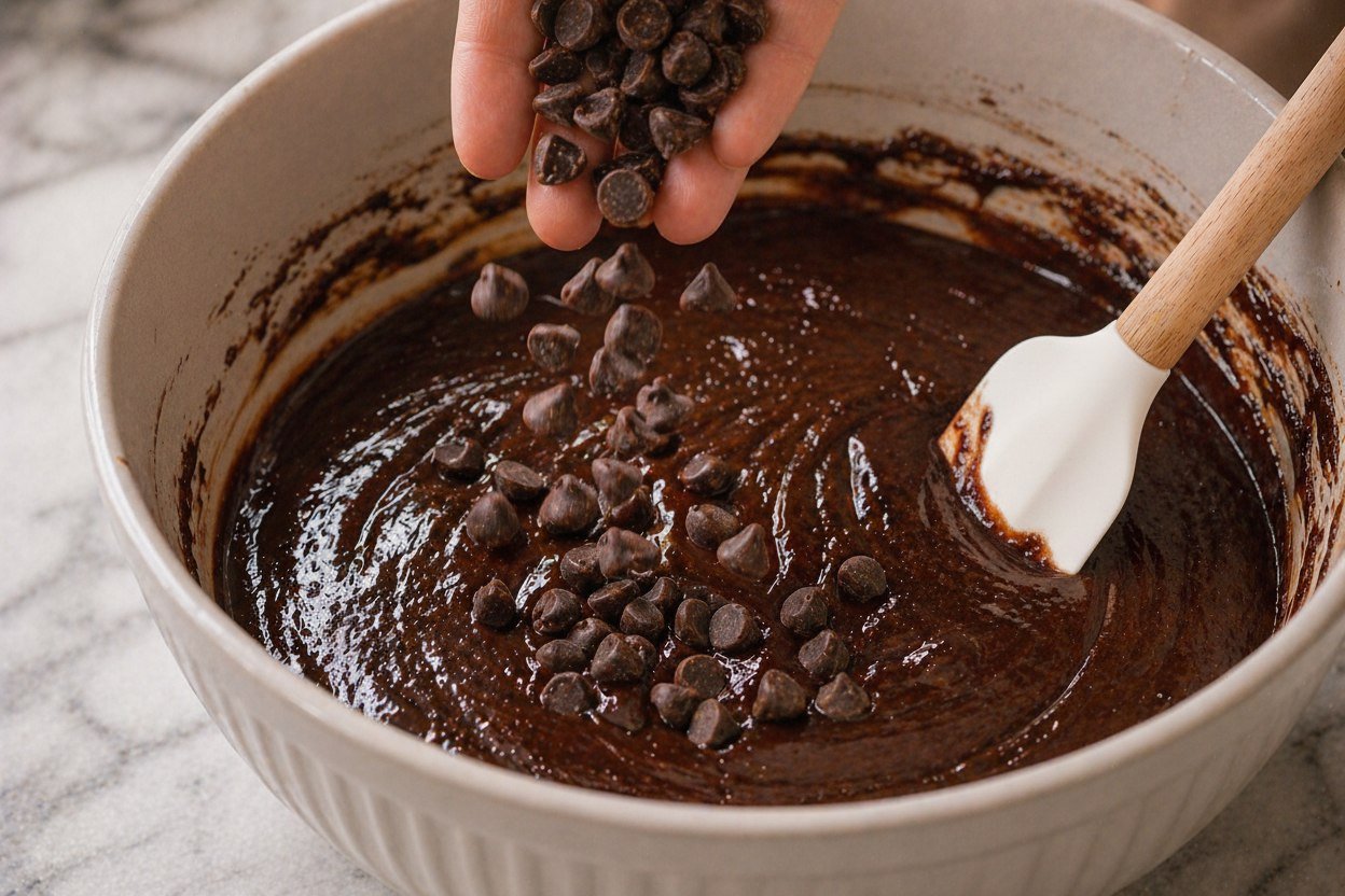 Hand dropping a generous handful of chocolate chips into a bowl of glossy dark brownie cookie batter — a white spatula with wooden handle resting on the side of the bowl