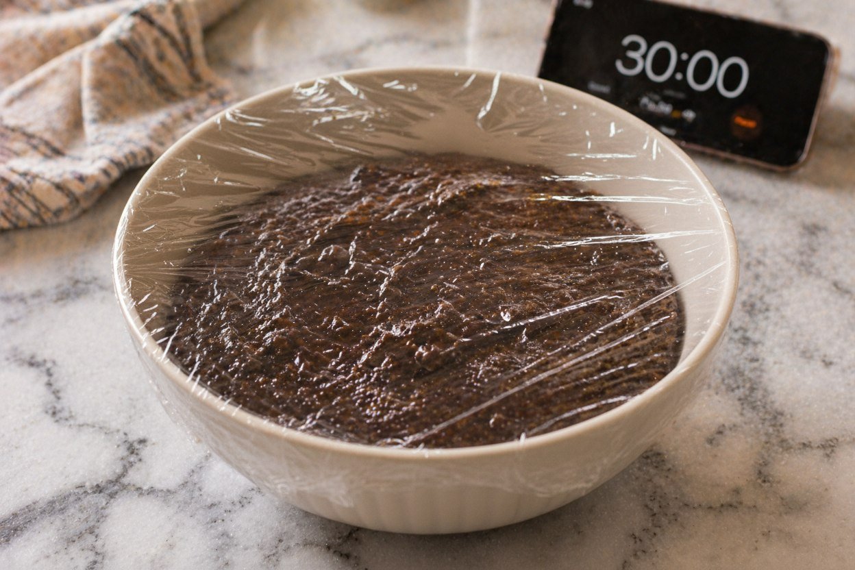 White ceramic bowl of brownie cookie batter covered tightly with cling film on a marble counter — a digital kitchen timer in the background set to 30 minutes