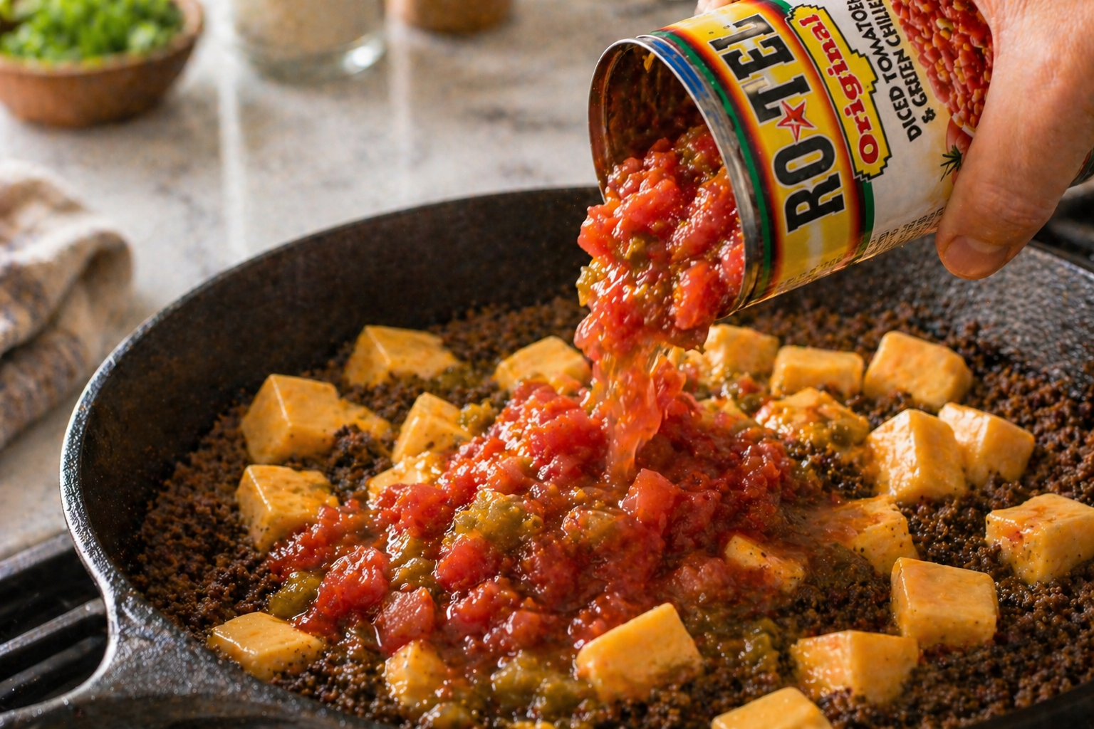 Full can of Rotel diced tomatoes and green chiles being poured into the skillet over the Velveeta and ground beef