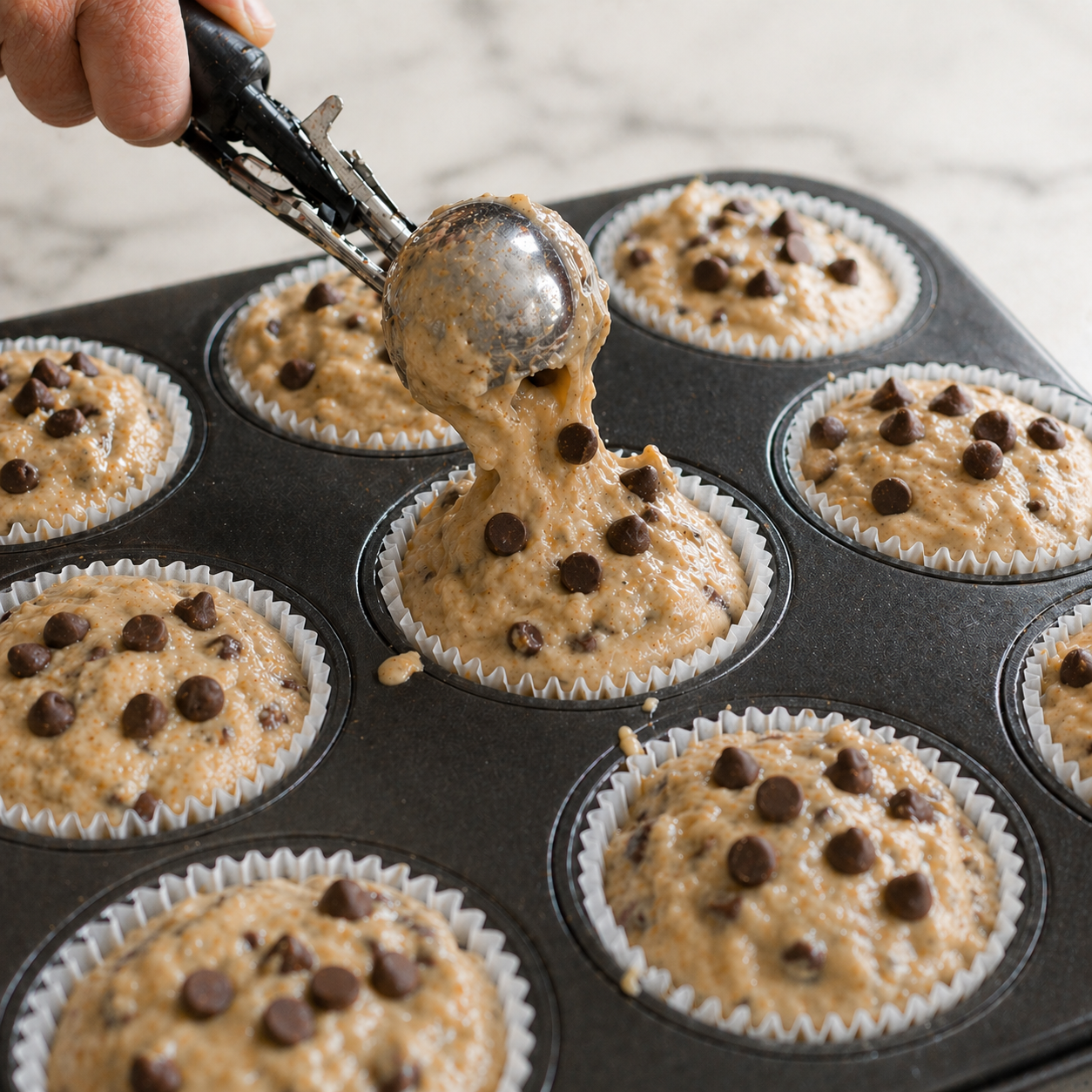 Scooping chocolate chip muffin batter into lined muffin tin with chips sprinkled on top