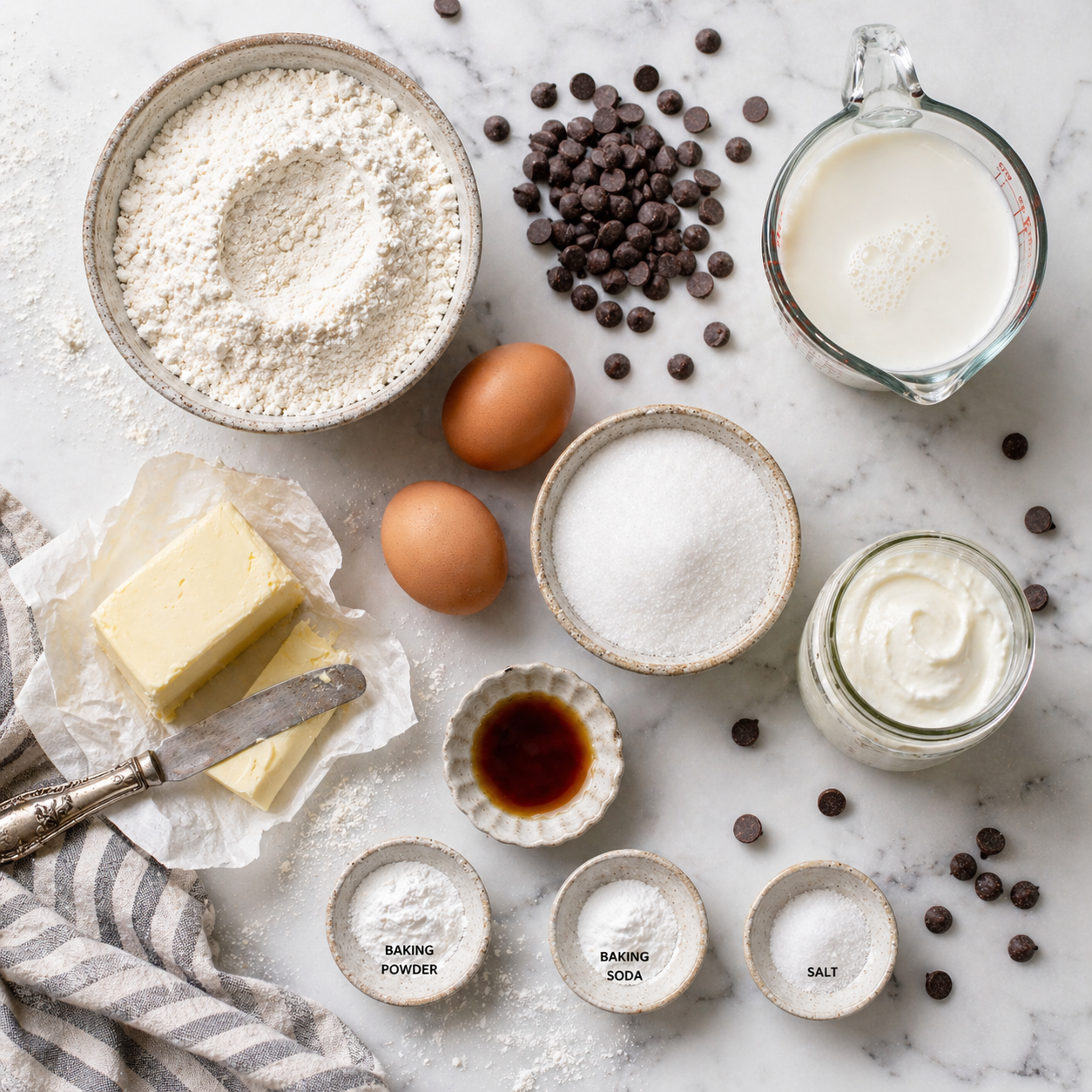 All chocolate chip muffin ingredients laid out: flour, eggs, butter, sour cream, chocolate chips and spices