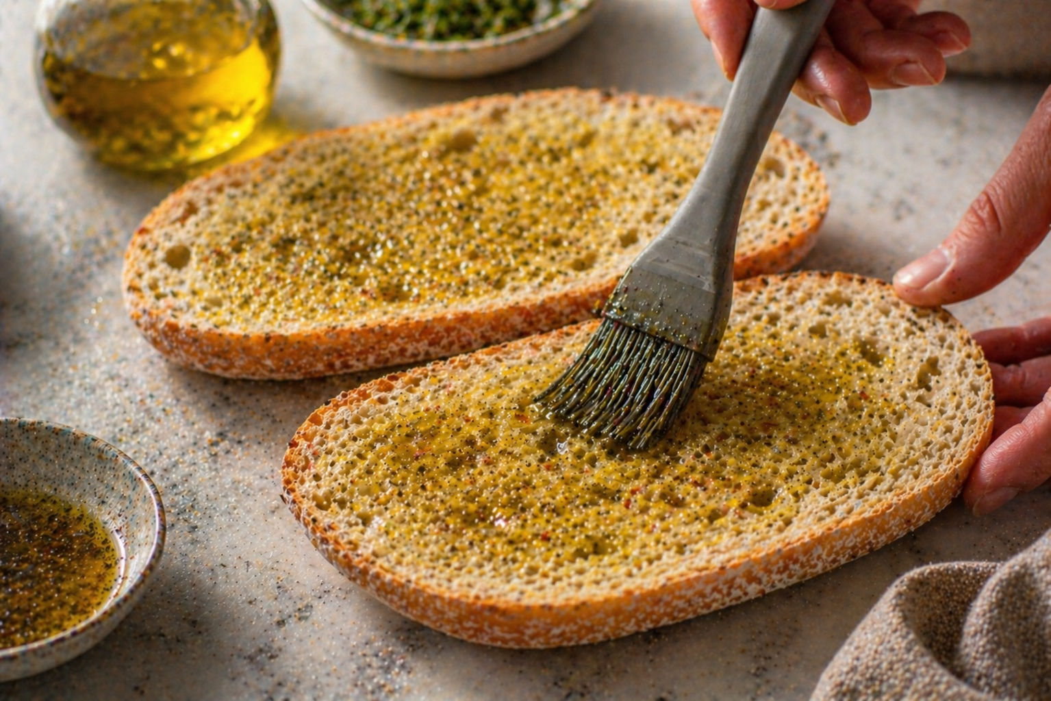 Brushing both cut sides of the ciabatta generously with herby olive oil mixture