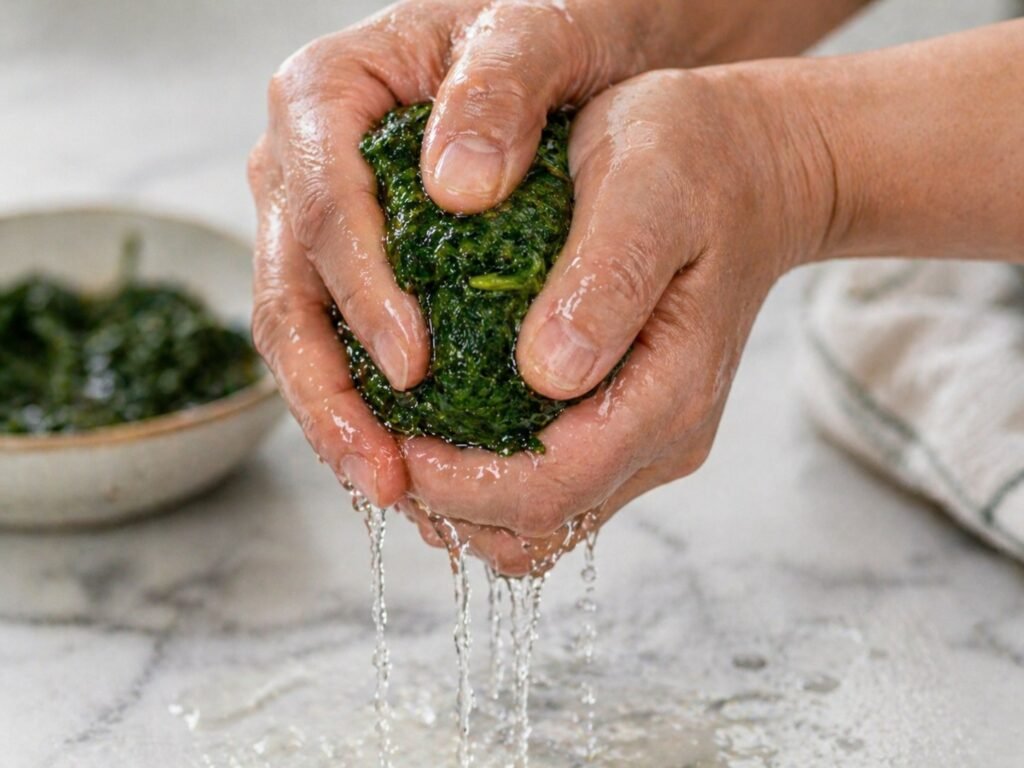 Squeezing excess water out of blanched dandelion leaves by hand