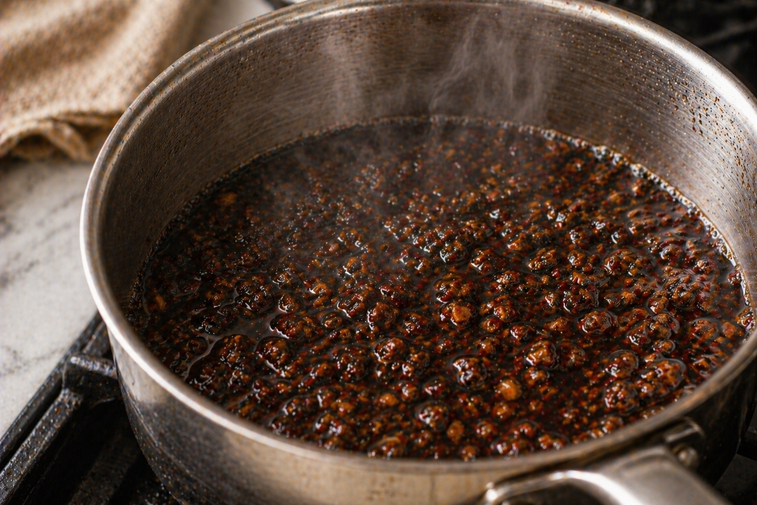 Roasted dandelion root pieces simmering gently in water — brewing into a dark earthy liquid