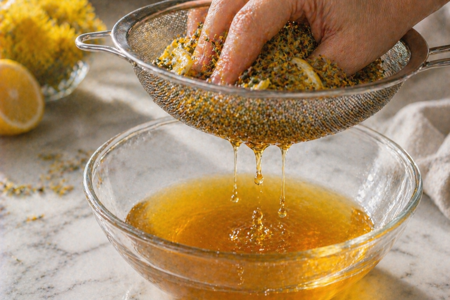 Straining the golden dandelion liquid through a sieve, pressing the petals to extract all the color