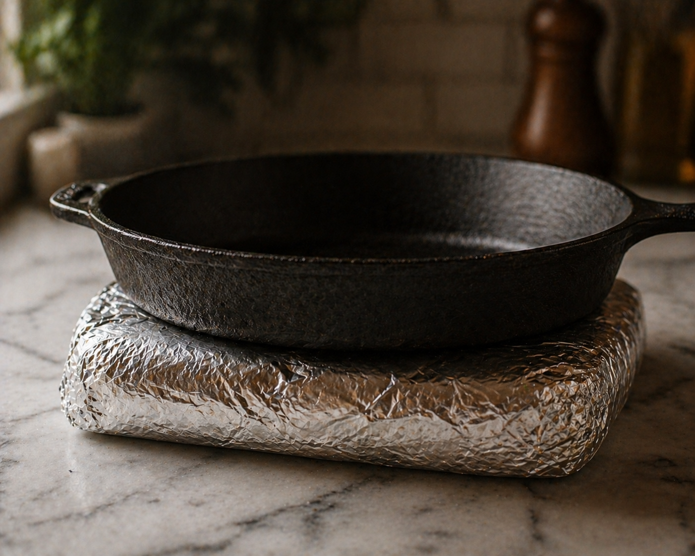 Heavy cast iron pan pressing down on the wrapped sandwich — compacting the layers overnight