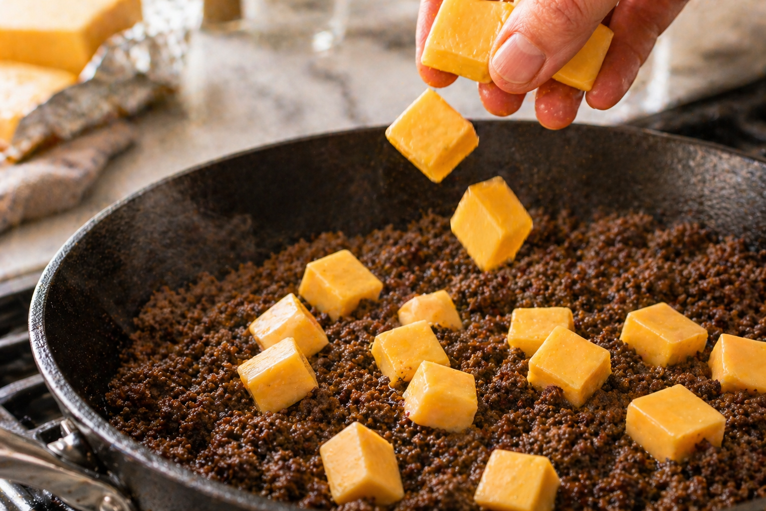 Cubed Velveeta cheese added on top of seasoned browned ground beef in a skillet over low heat