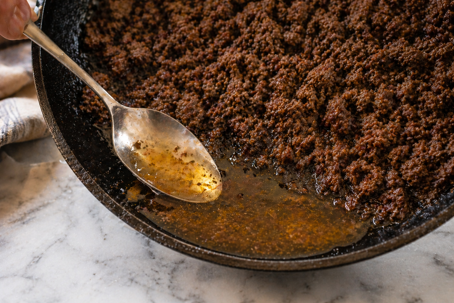 Skillet tilted to one side with excess grease being spooned out, seasoned ground beef remaining in the pan