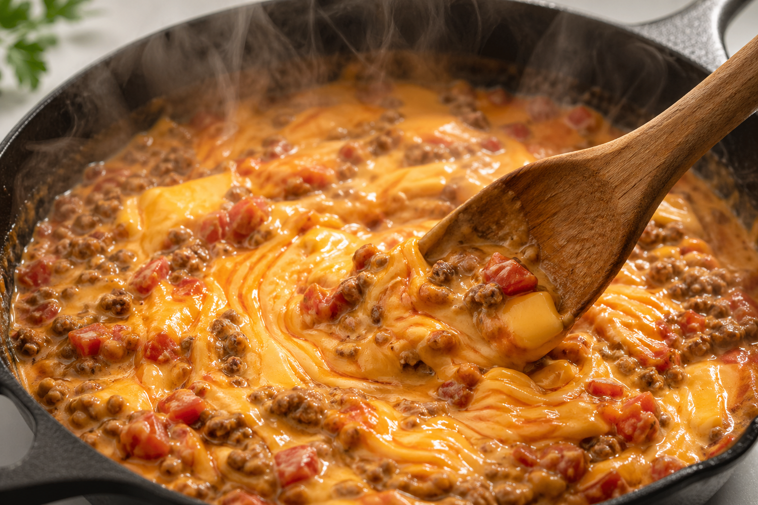 Wooden spoon stirring melting Velveeta, Rotel tomatoes and ground beef together in a skillet — the dip coming together smooth and creamy