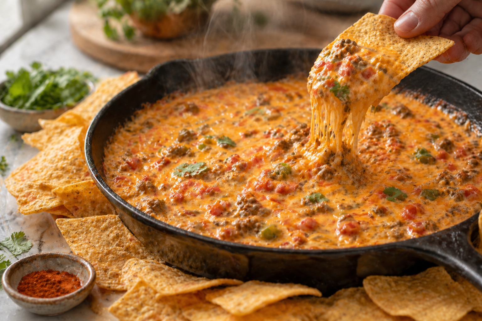 Finished Rotel dip with ground beef served warm in a bowl surrounded by tortilla chips — cheesy, glossy and ready to eat