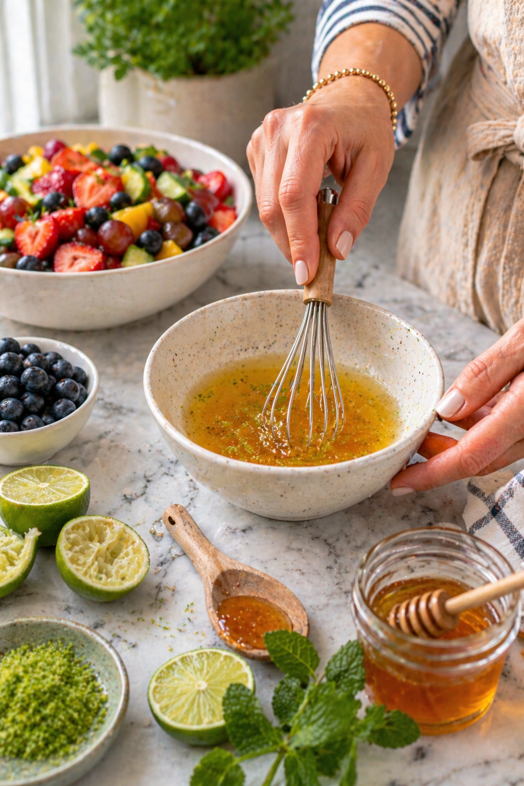 Whisking honey-lime dressing in a small bowl with lime halves, honey jar and mint nearby