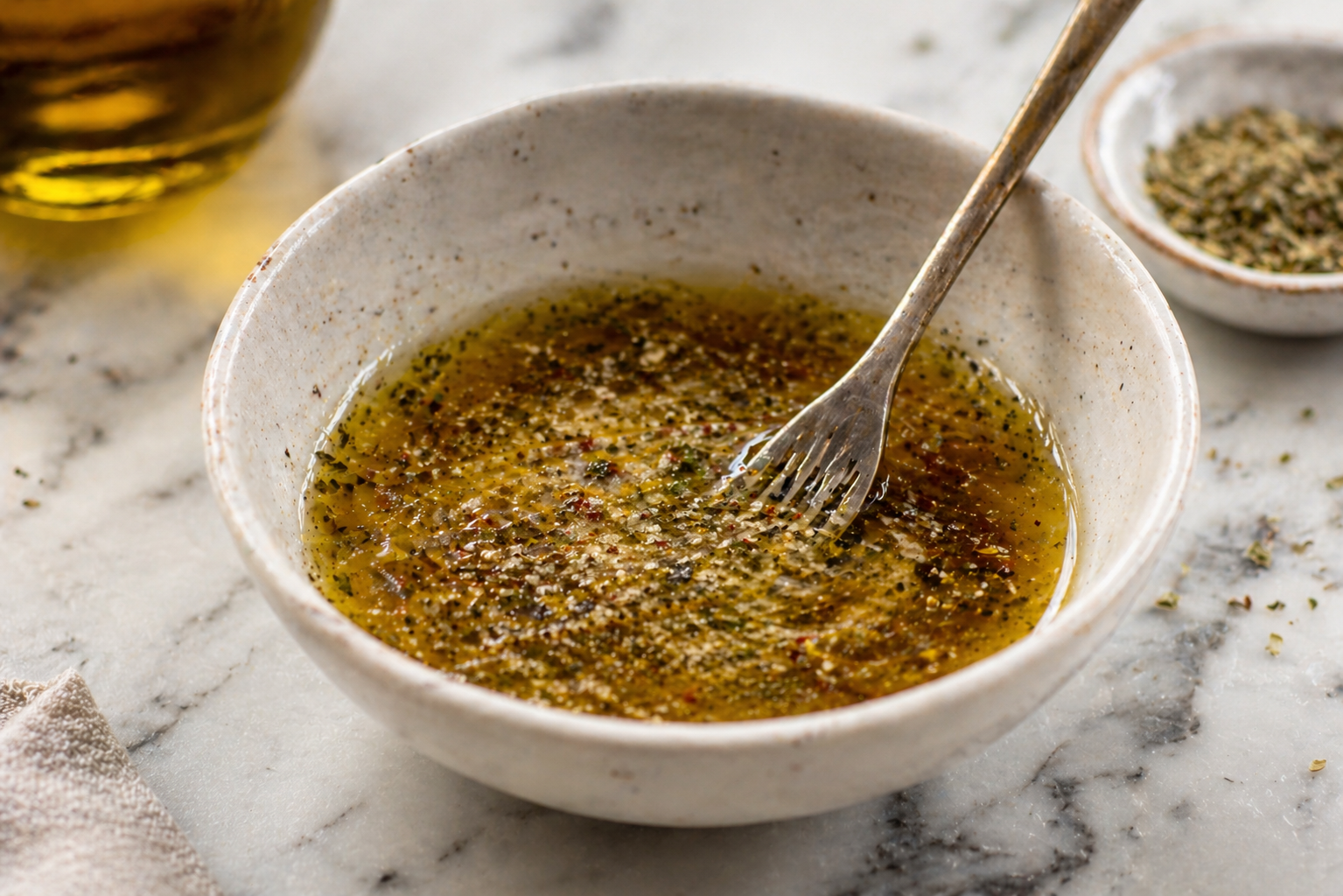 Herby olive oil spread whisked together in a small bowl — olive oil, red wine vinegar, oregano and garlic