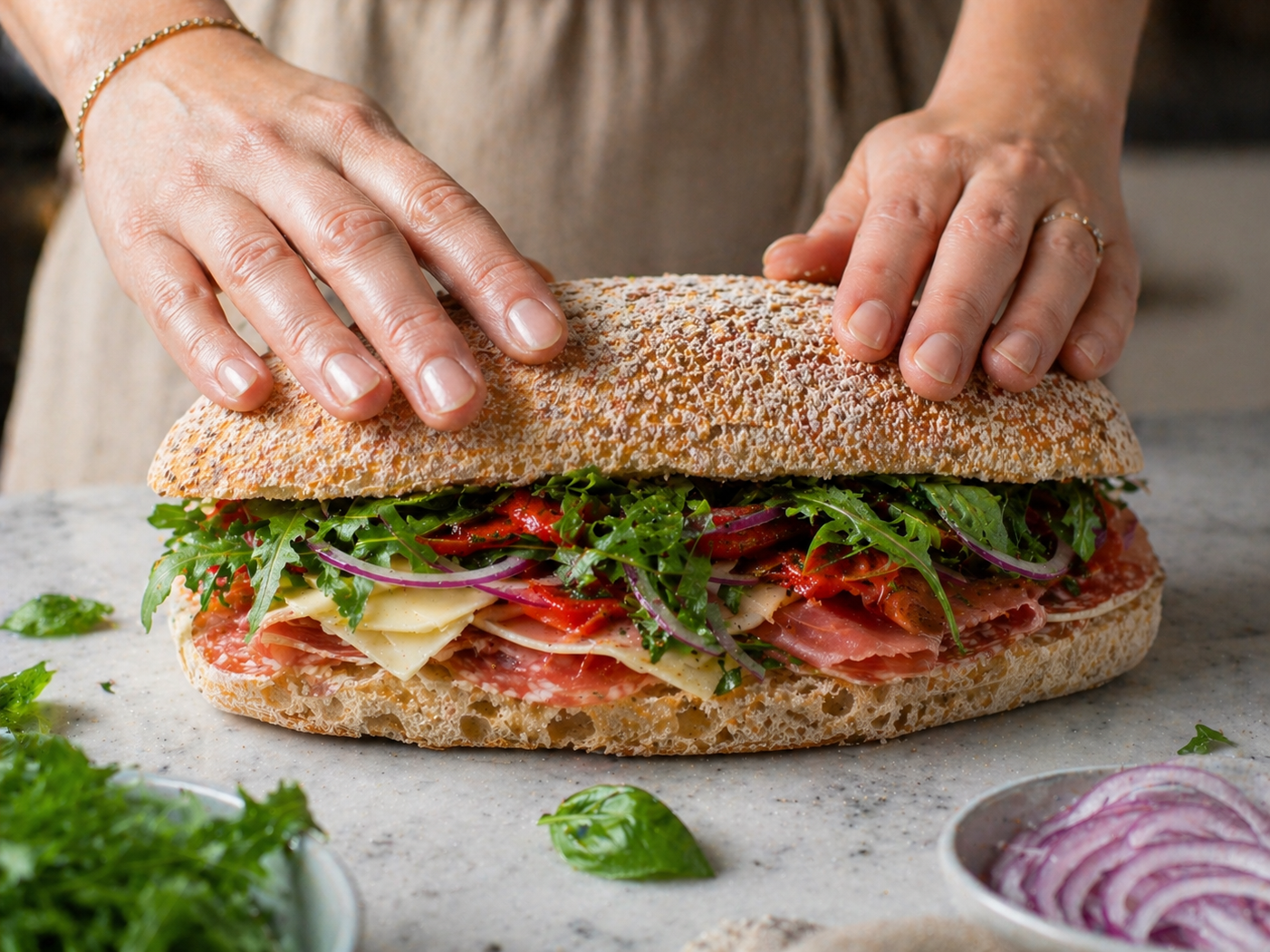 Top half of ciabatta placed over the fillings and pressed down gently by hand