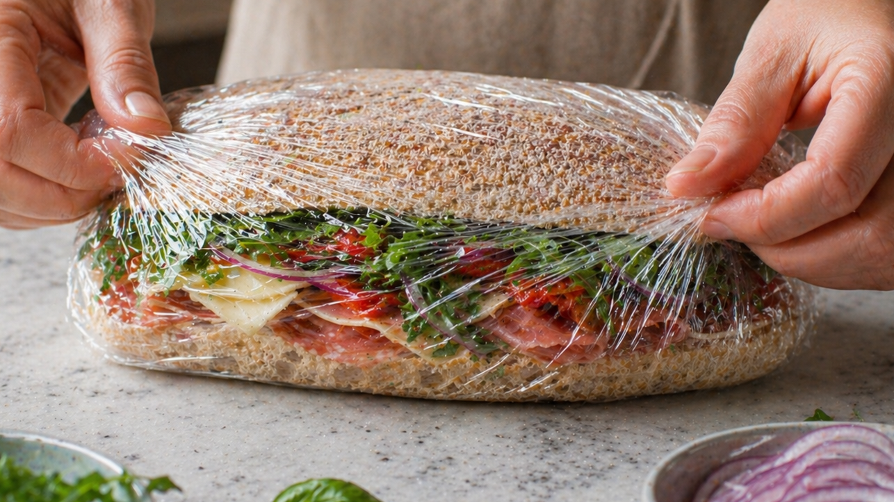Sandwich wrapped tightly in multiple layers of plastic wrap and foil — ready to press